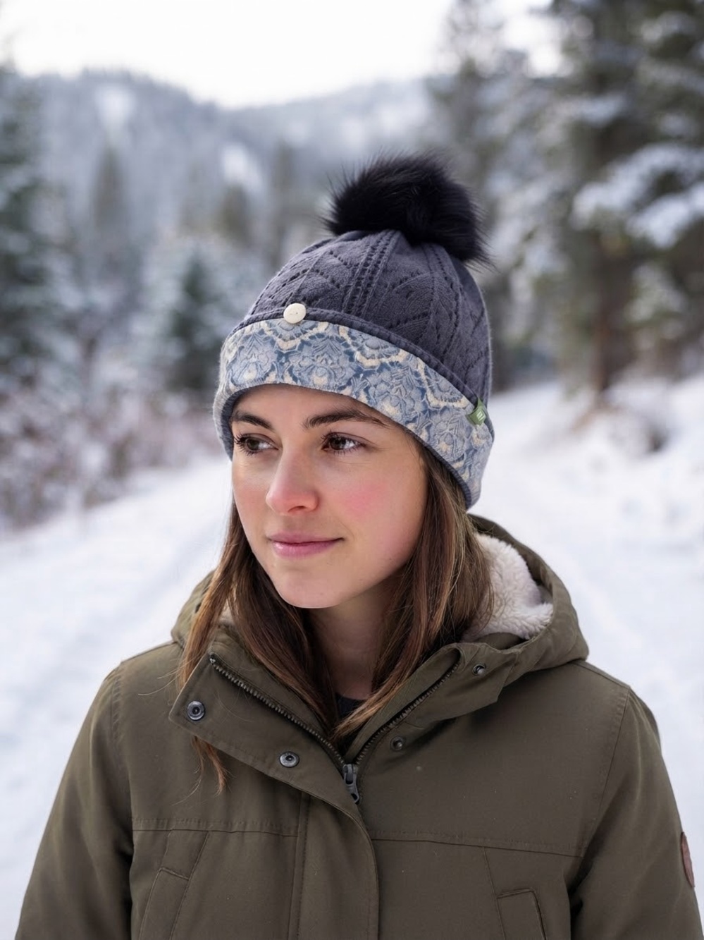 Pistil Blue Chevron Knit Beanie Faux Fur Pom Printed Underbrim Cuff